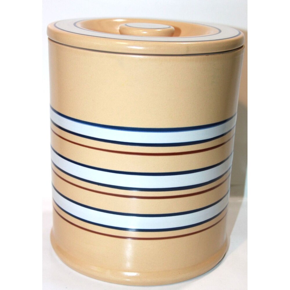 Home Yellow Ware Banded Canister Lid Blue White Stripe Storage Farmhouse 9” - Picture 2 of 9